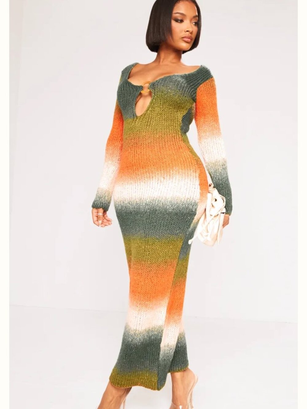 PLT Boho Coastal Orange Green Ombre Knit Plunge Ring Long Sleeve MidiMaxi Size 8